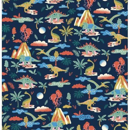 Tissu coton Diplo motif dinosaures et volcans fond bleu marine - Oeko tex