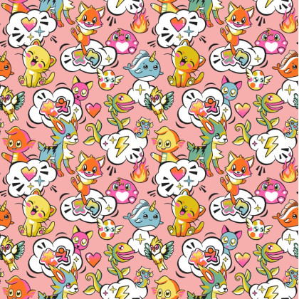 Tissu coton Cartoon motif Kawaii japonais thème Pokémons fond rose - Oeko tex