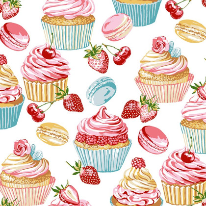 Tissu coton Enduit Gateaux motifs cupcakes, macarons et fruits rouges fond blanc