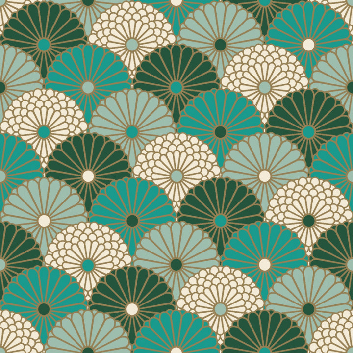 Tissu coton Enduit Hiro motifs fleurs turquoise