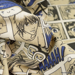 Tissu toile aspect lin motifs Manga indigo
