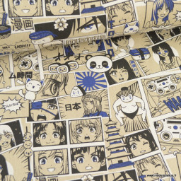 Tissu toile aspect lin motifs Manga indigo