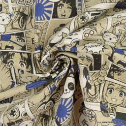 Tissu toile aspect lin motifs Manga indigo