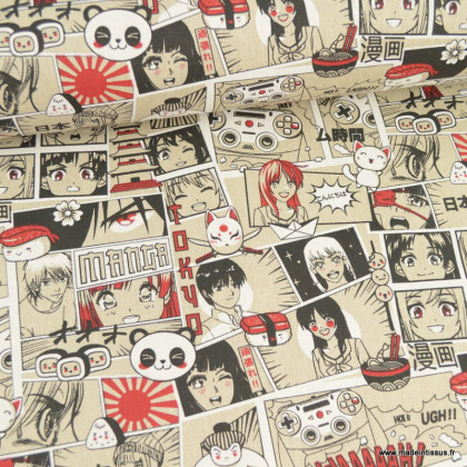 Tissu toile aspect lin motifs Manga Noir et rouge