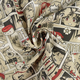 Tissu toile aspect lin motifs Manga Noir et rouge