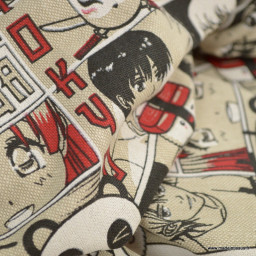 Tissu toile aspect lin motifs Manga Noir et rouge
