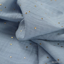 Tissu Double gaze coton Glitter à pois or coloris bleu baltique - oeko tex