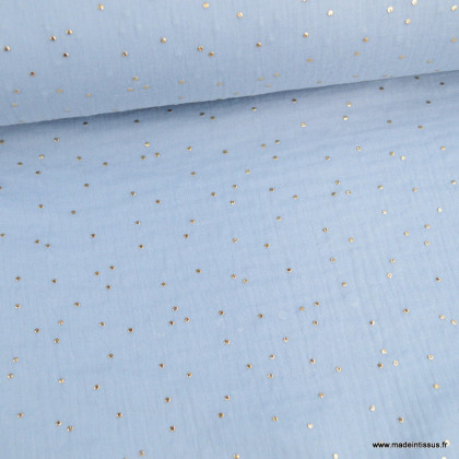 Tissu Double gaze coton Glitter à pois or coloris bleu baltique - oeko tex