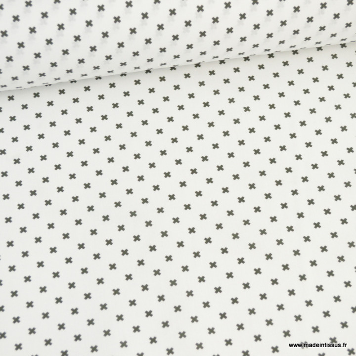Tissu popeline coton imprimé croix noires fond blanc