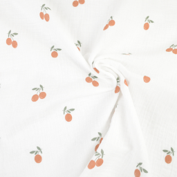 Double gaze motif oranges - clémentines fond blanc - oeko tex