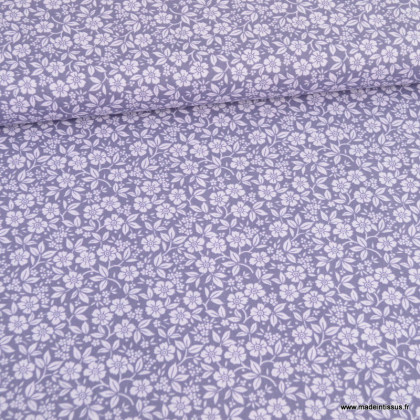 Tissu popeline motifs petites fleurs fond mauve - Oeko tex