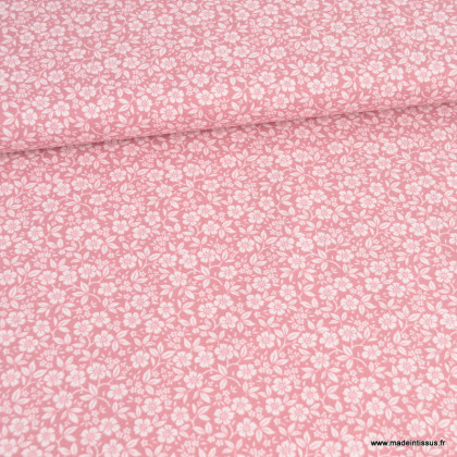 Tissu popeline motifs petites fleurs fond rose - Oeko tex