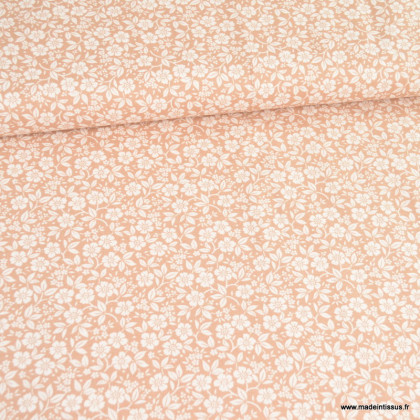 Tissu popeline motifs petites fleurs fond saumon - Oeko tex