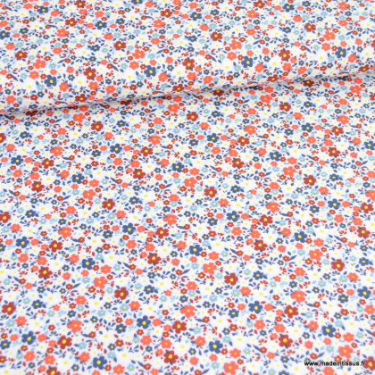 Tissu popeline motifs petites fleurs bleu et rouge - Oeko tex