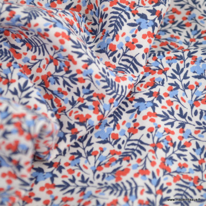 Tissu popeline Sylvie motifs petites fleurs bleu et rouge - Oeko tex
