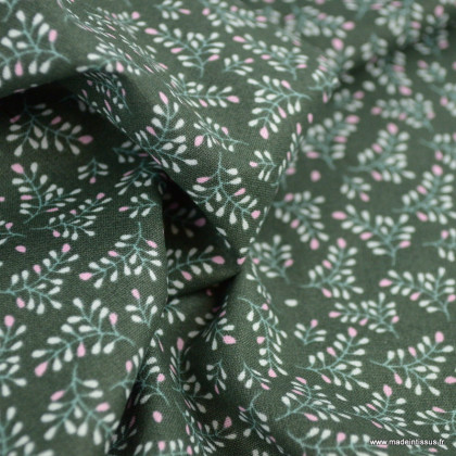 Tissu popeline Aglaé motif fleuri fond vert - Oeko tex