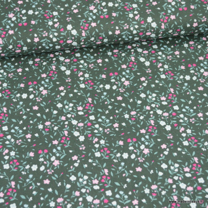 Tissu popeline motifs petites fleurs roses fond vert - Oeko tex