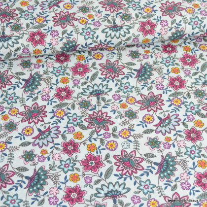 Tissu popeline motifs fleurs indiennes roses fond céladon - Oeko tex