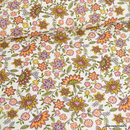 Tissu popeline motifs fleurs indiennes roses fond écru - Oeko tex