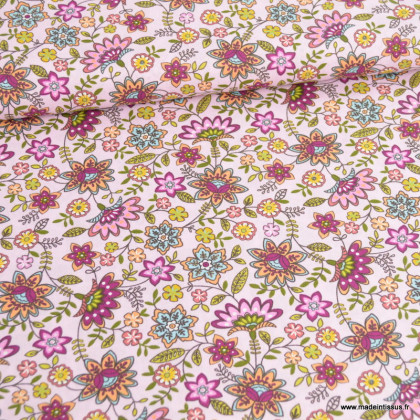 Tissu popeline motifs fleurs indiennes roses fond rose - Oeko tex