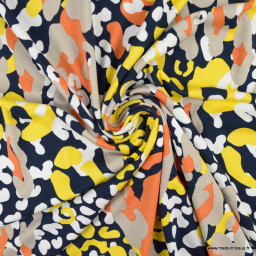 Tissu Jersey de Viscose motif léopard jaune et beige fond marine - oeko tex