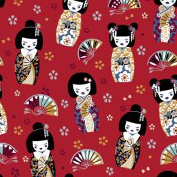 Tissu coton Sayonara motif Geisha et éventails fond rouge - Oeko tex