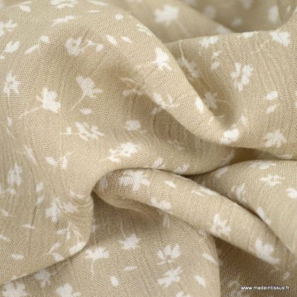 Tissu crêpe de Viscose froissé motif fleur fond beige