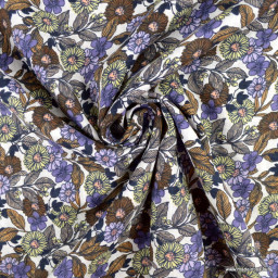 Tissu voile de Viscose aspect lin motif floral fond blanc cassé