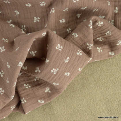 Tissu Double gaze Babeth motif fleurs fond chataigne - oeko tex