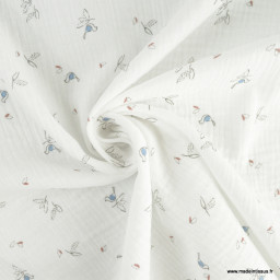 Tissu Double gaze Isao motif fleurs et oiseaux bleu fond blanc - oeko tex