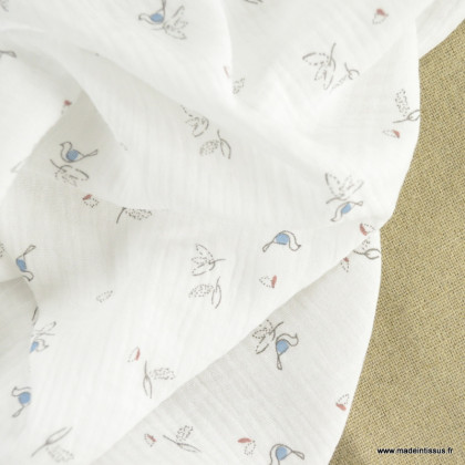 Tissu Double gaze Isao motif fleurs et oiseaux bleu fond blanc - oeko tex