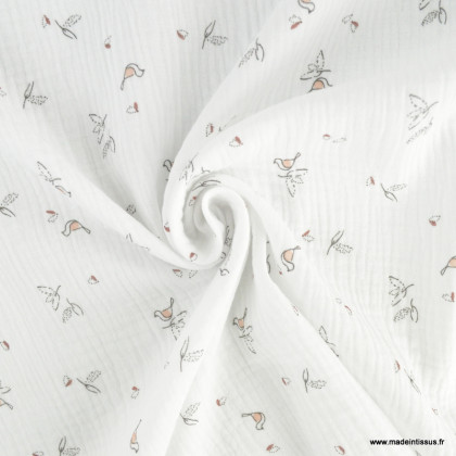 Tissu Double gaze Isao motif fleurs et oiseaux marron fond blanc - oeko tex