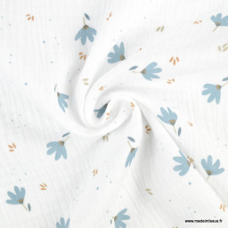 Tissu Double gaze Sevia motif fleurs bleu et naturel fond blanc - oeko tex