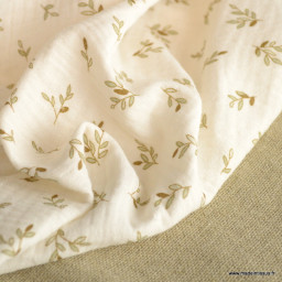 Double gaze de coton Laurette feuillage fond écru -  oeko tex