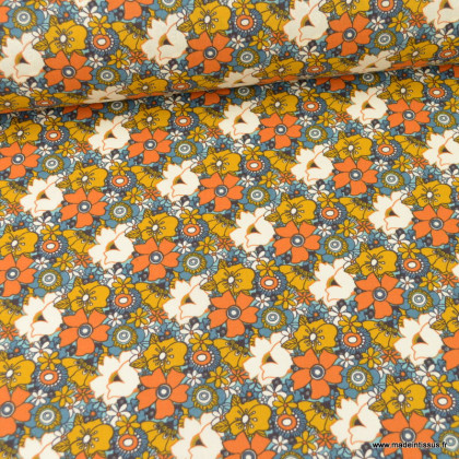 Tissu cretonne coton Floralie motifs fleurs vintage caramel