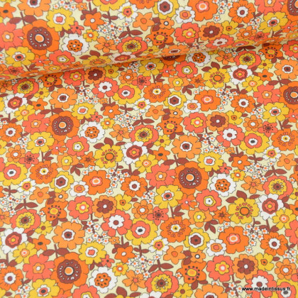 Tissu coton Popette motif fleurs vintage orange - Oeko tex