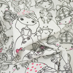 Tissu cretonne coton Stephanie motifs princesses et fées fond blanc