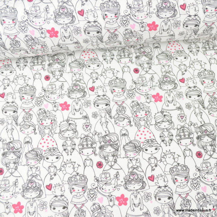 Tissu cretonne coton Stephanie motifs princesses et fées fond blanc