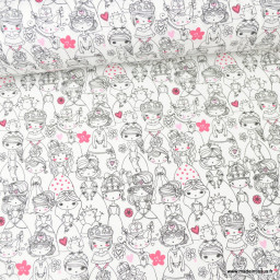 Tissu cretonne coton Stephanie motifs princesses et fées fond blanc