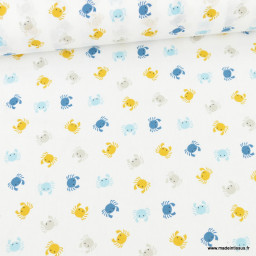 Tissu coton motif animaux crabes bleus, jaunes et gris fond blanc