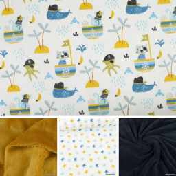Tissu coton motif animaux crabes bleus, jaunes et gris fond blanc