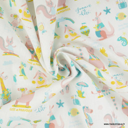 Tissu coton Sun motif animaux rose fond blanc