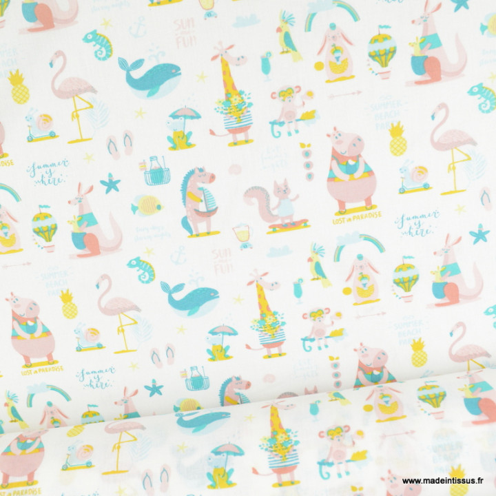 Tissu coton Sun motif animaux rose fond blanc