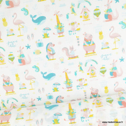 Tissu coton Sun motif animaux rose fond blanc