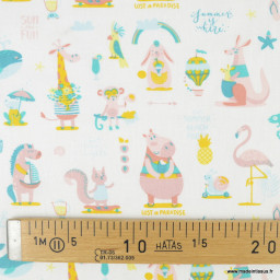 Tissu coton Sun motif animaux rose fond blanc