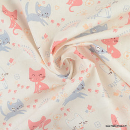 Tissu coton Zoeline motif chats, arc en ciel et fleurs