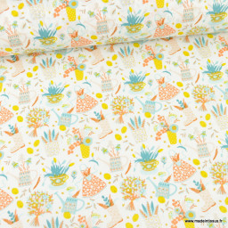 Tissu coton été motif arrosoirs, fleurs et bottes