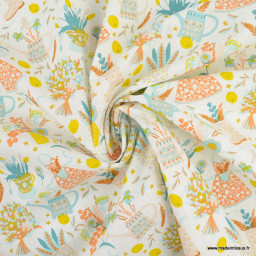 Tissu coton été motif arrosoirs, fleurs et bottes, jardinage