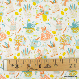 Tissu coton été motif arrosoirs, fleurs et bottes, jardinage