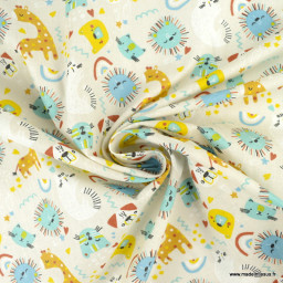 Tissu coton Joujou motif animaux fond beige clair